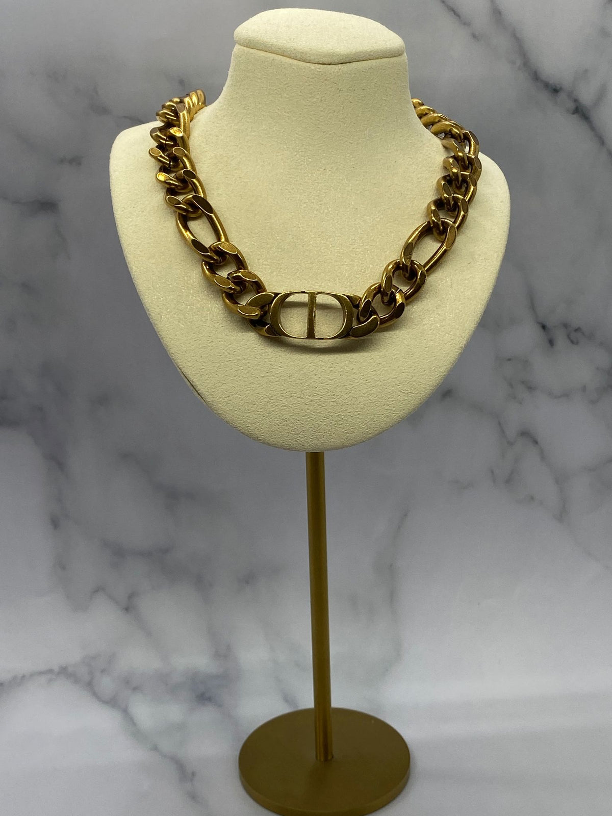 CHRISTIAN DIOR CD Brass Tone Monogram Necklace - Pre owned