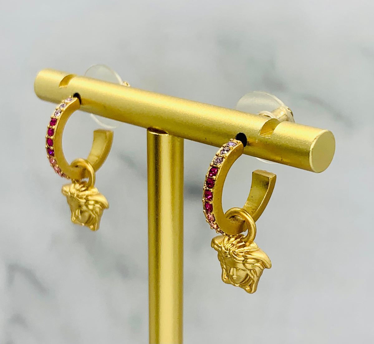 VERSACE Medusa Pink Rhinestone Pendant Earrings - Pre owned