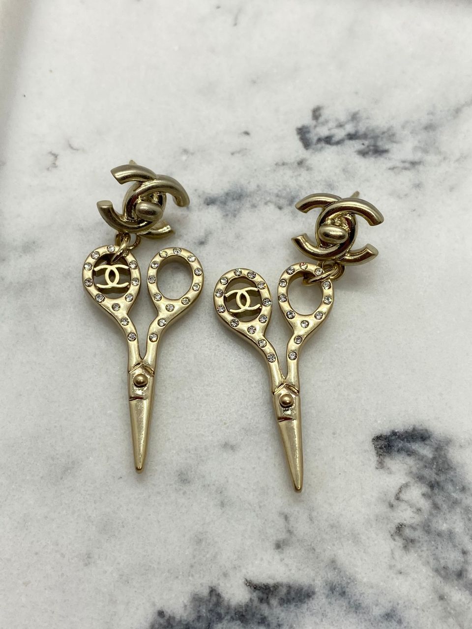 CHANEL CC Gold Tone Rhinestone Scissor Earrings - Pre owned