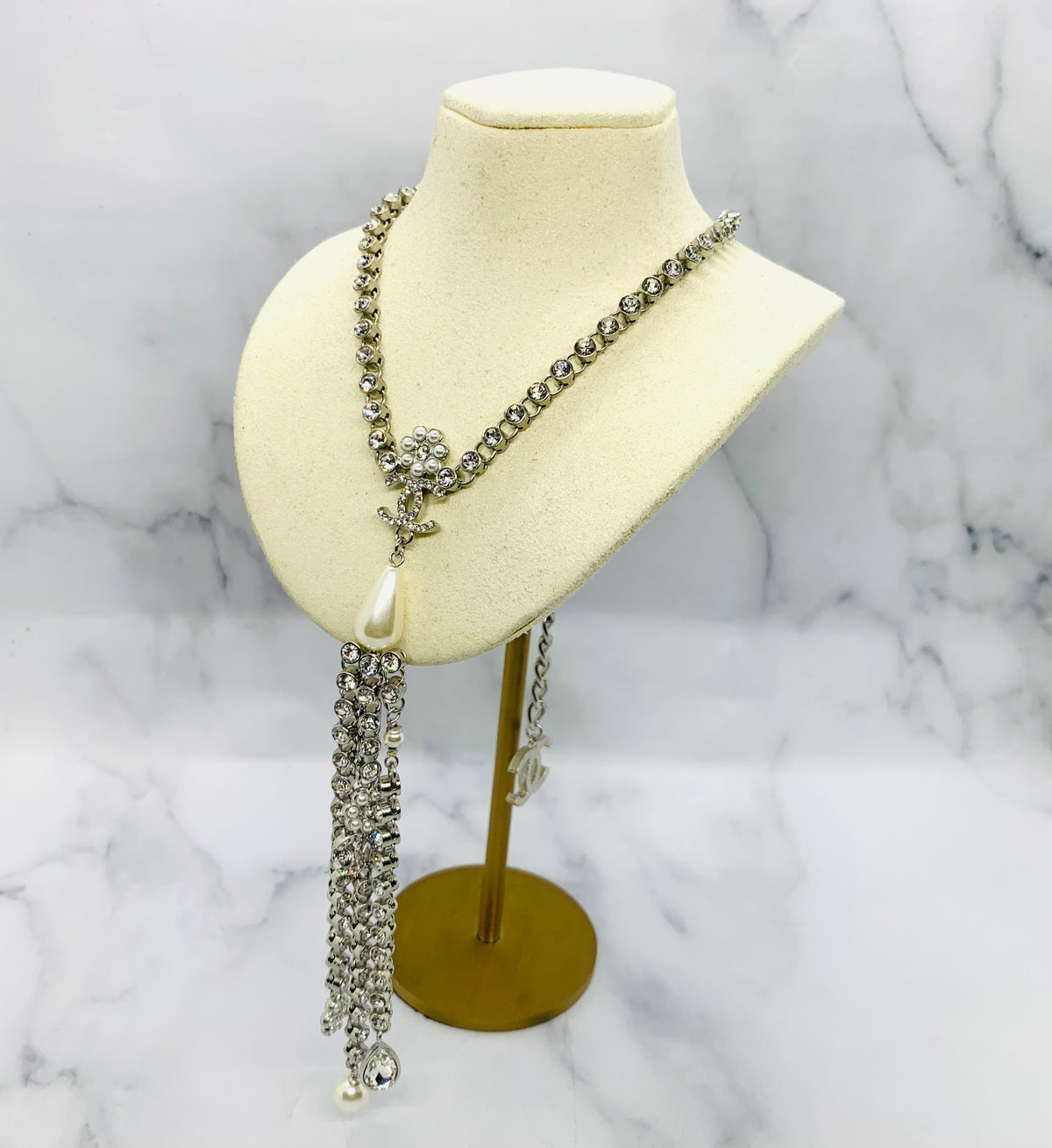 CHANEL CC Rhinestone Lariat Statement Necklace - USED