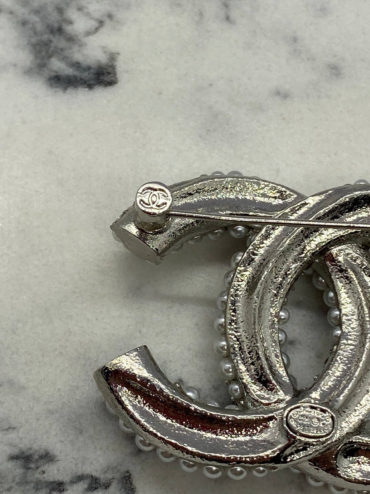 CHANEL CC Silver Tone Pearl Rhinestone Brooch Pin - USED