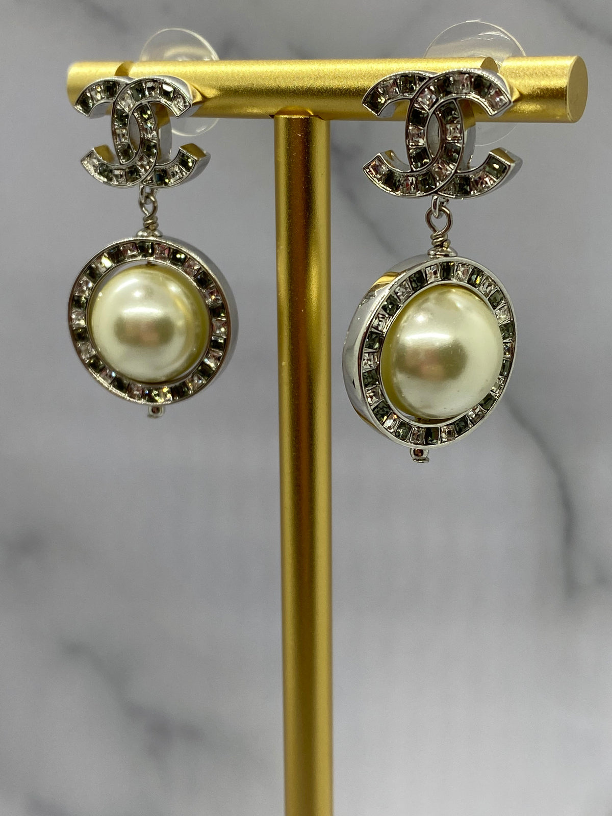 CHANEL CC Silver Tone Rhinestone Pearl Pendant Earrings - USED