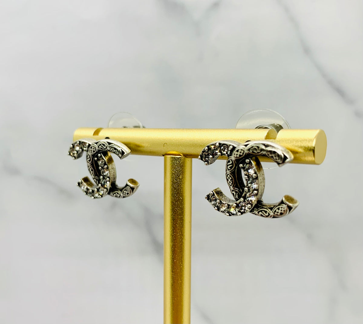 CHANEL CC Dark Silver Rhinestone Earrings - USED