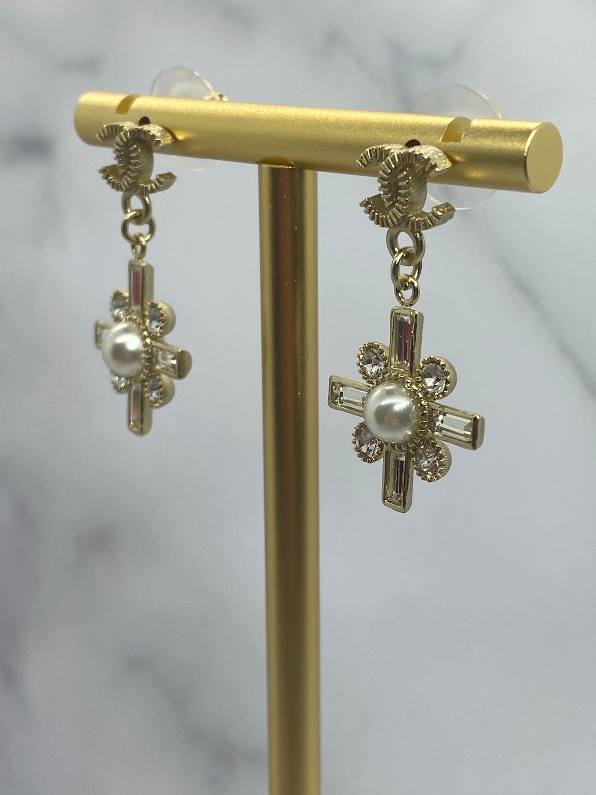 CHANEL Cross Rhinestone Pendant Earrings - Pre owned