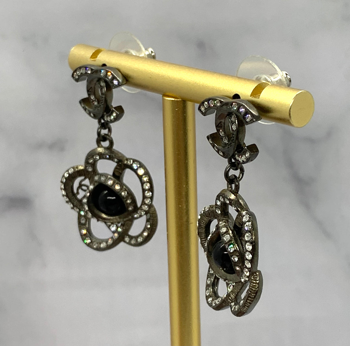 CHANEL CC Camelia Rhinestone Earrings - USED