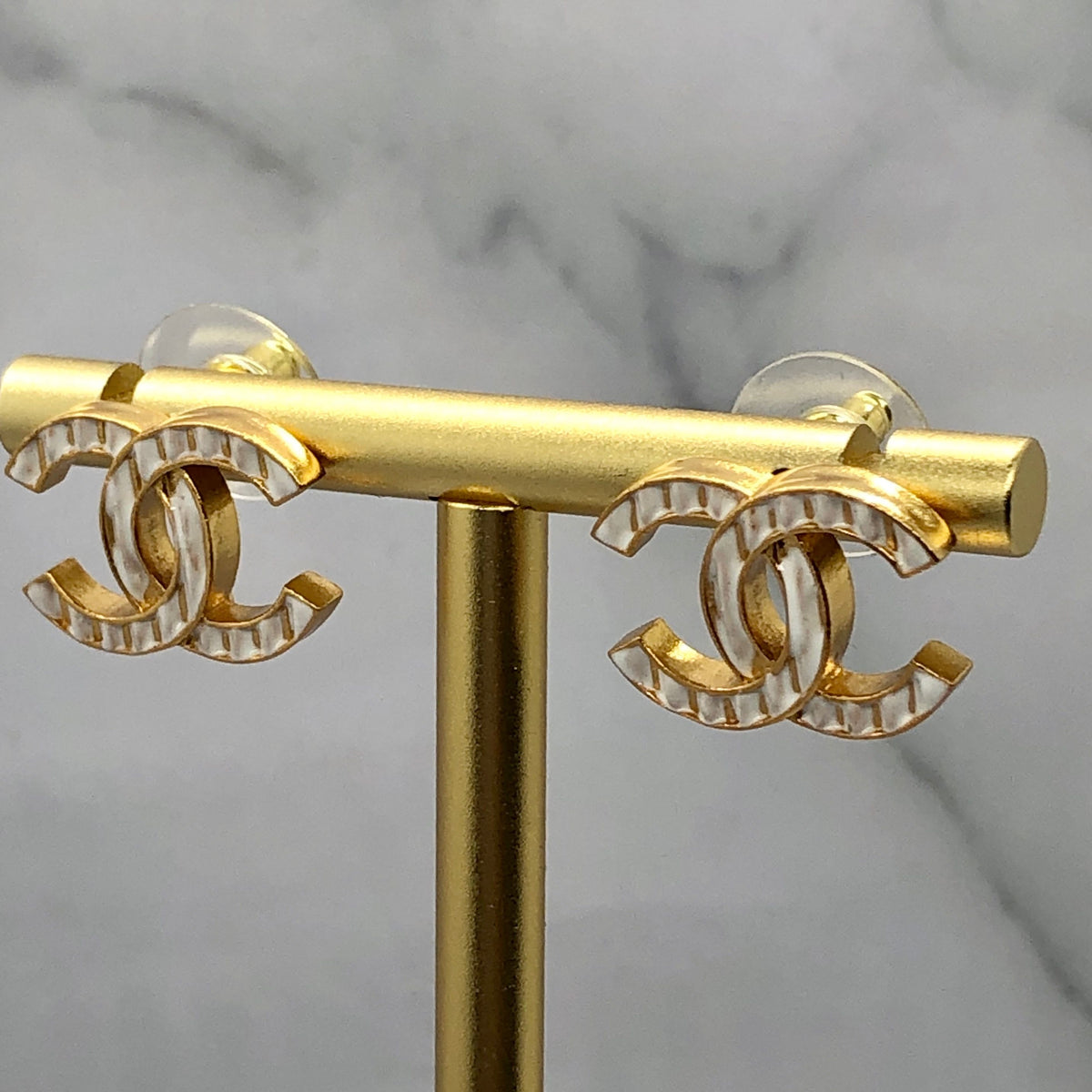 CHANEL CC Gold Tone White Striped Earrings - Pre owned