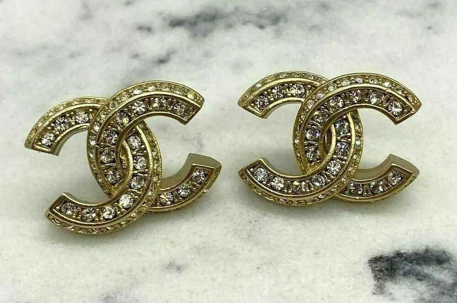CHANEL CC Gold Tone Rhinestone Small Earrings - USED