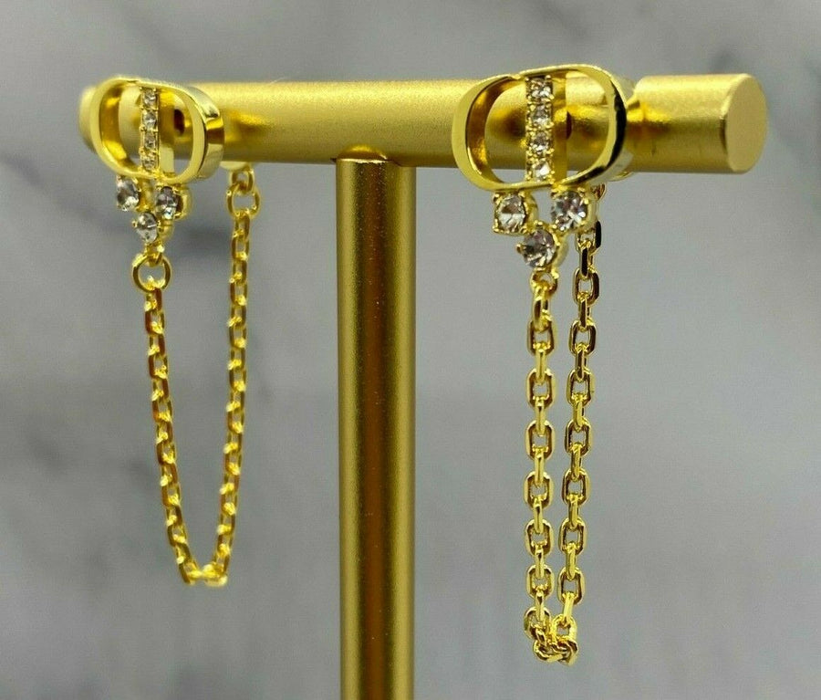 CHRISTIAN DIOR CD Gold Tone Rhinestone Chain Earrings - Pre owned