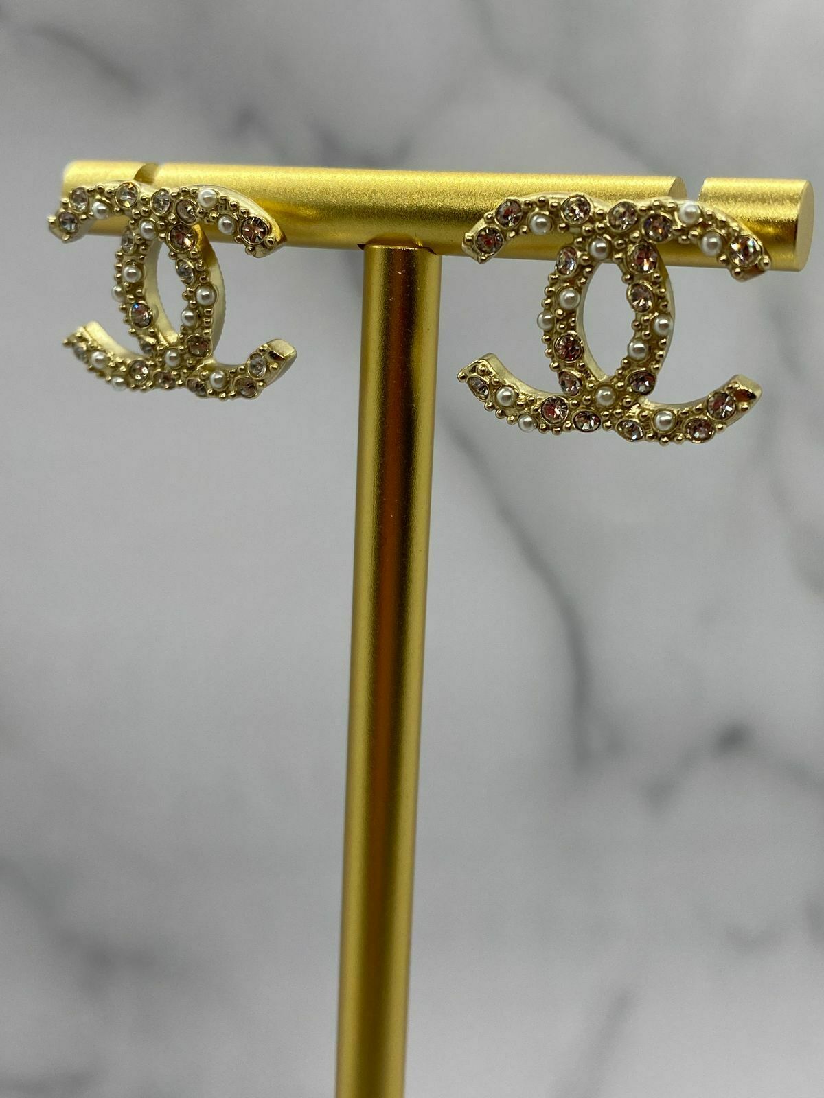 CHANEL CC Gold Tone Rhinestone Earrings - DAMAGED