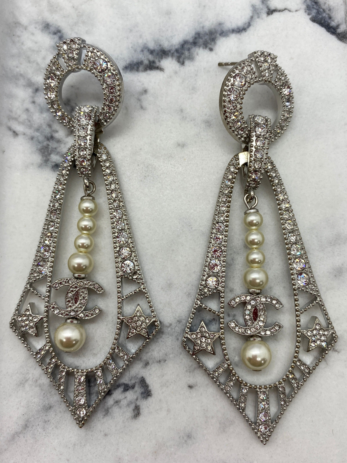 CHANEL CC Silver Tone Rhinestone Art Deco Earrings - Pre owned