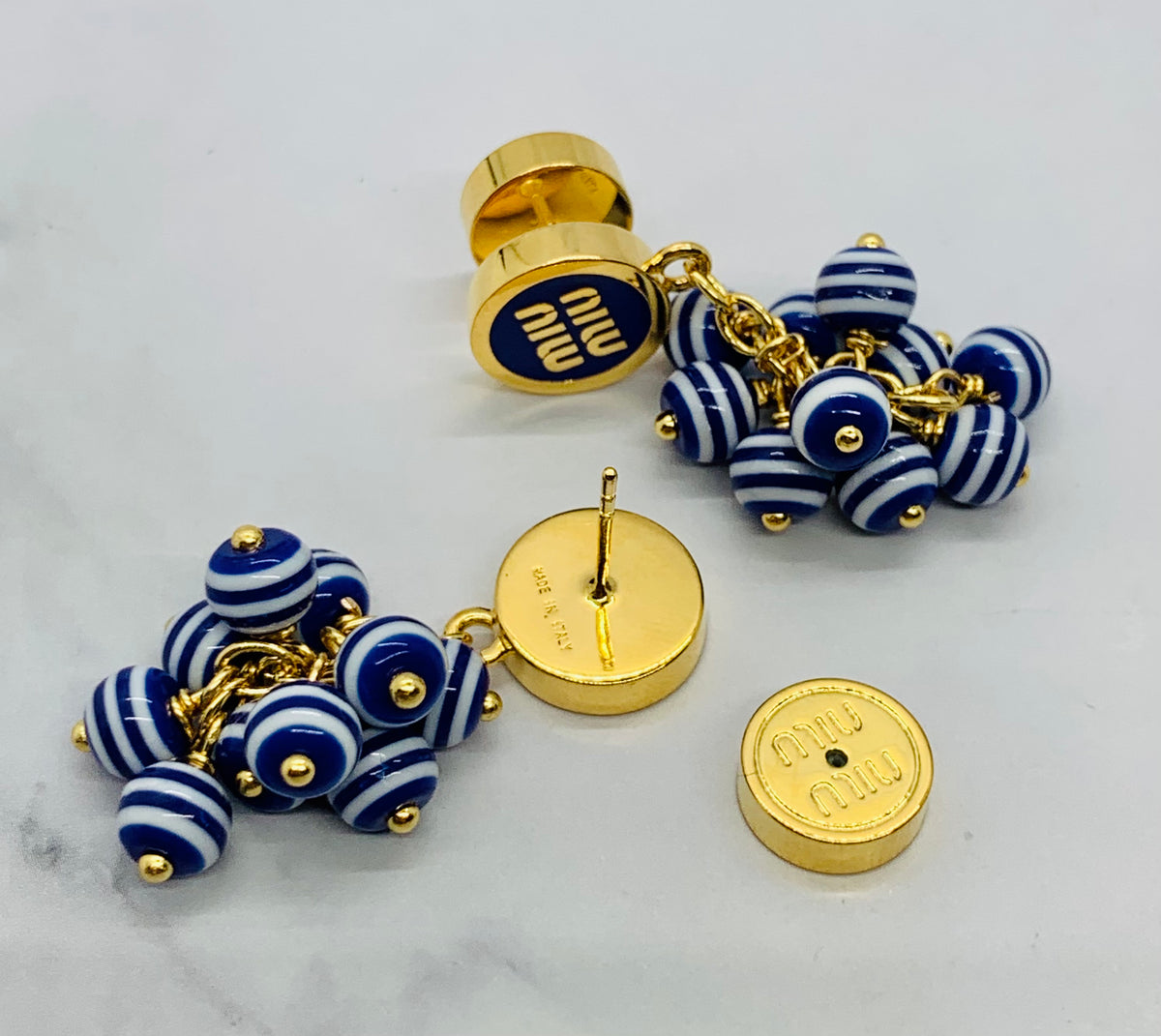 MIU MIU Blue Striped Cluster Pendant Earrings - Pre owned