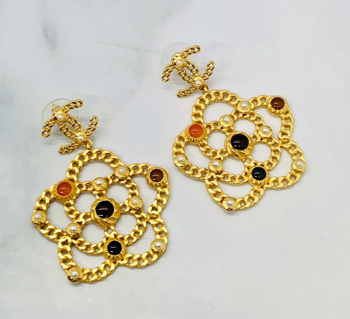 CHANEL CC Camelia Pendant Earrings - USED