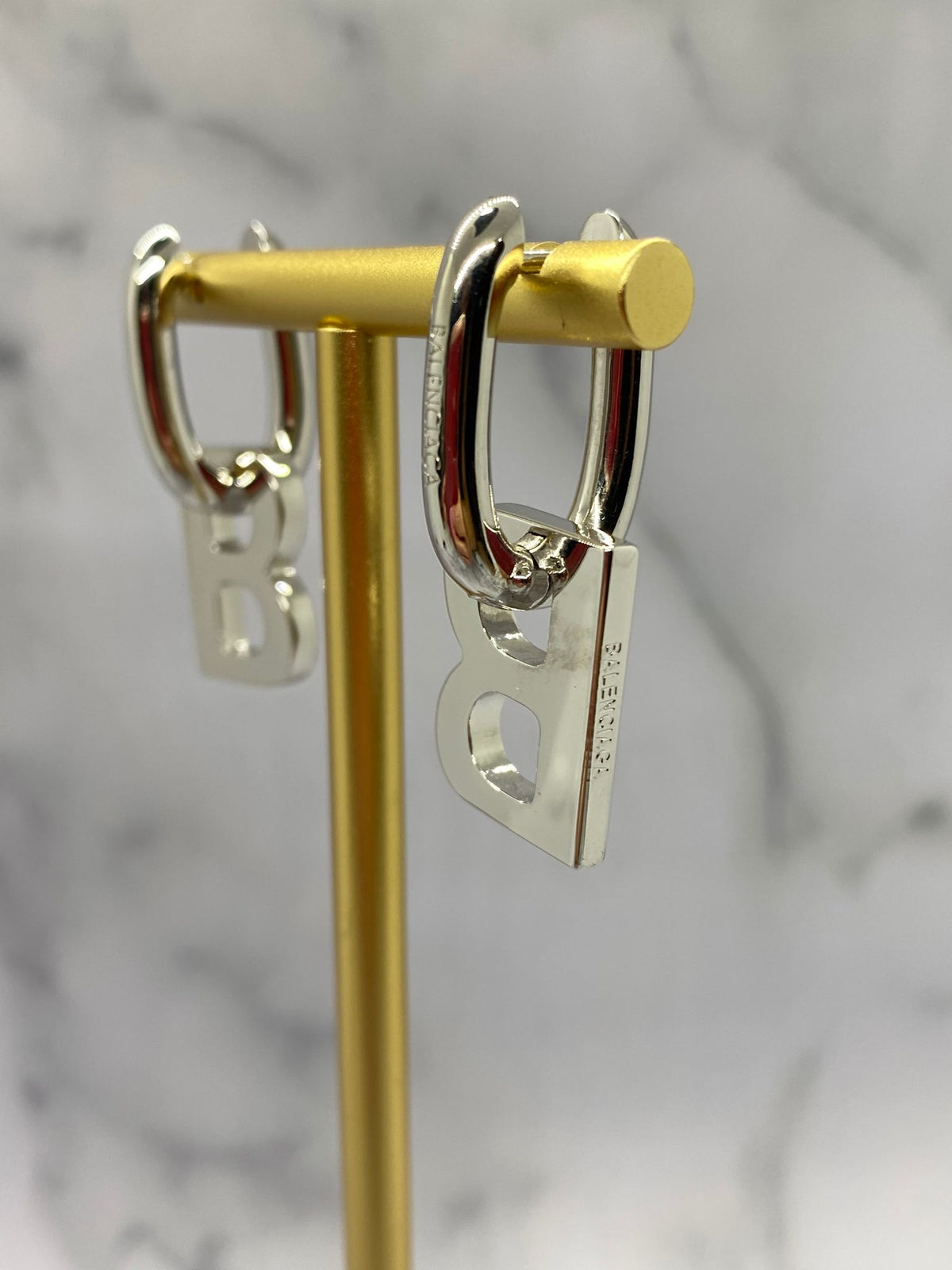 BALENCIAGA Silver Tone B Hoop Earrings - Pre owned