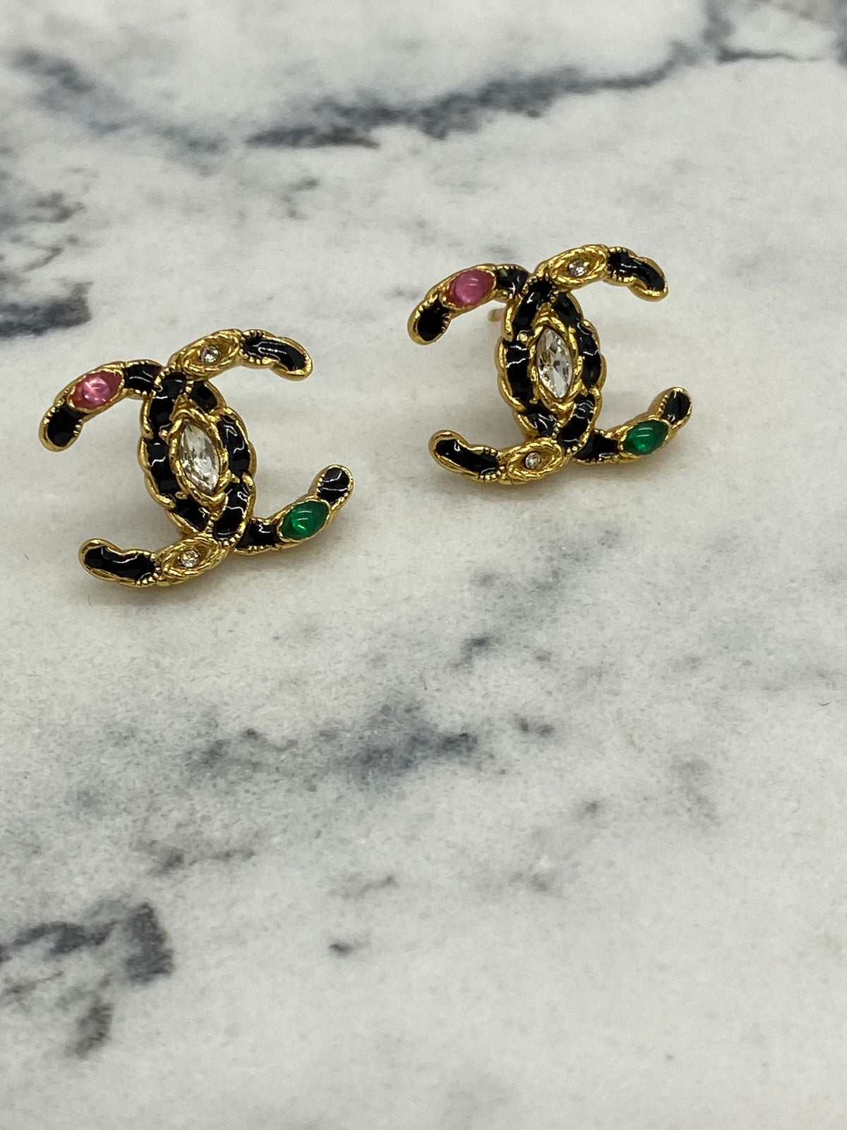 CHANEL CC Gold Tone Colorful Rhinestone Earrings - Pre owned