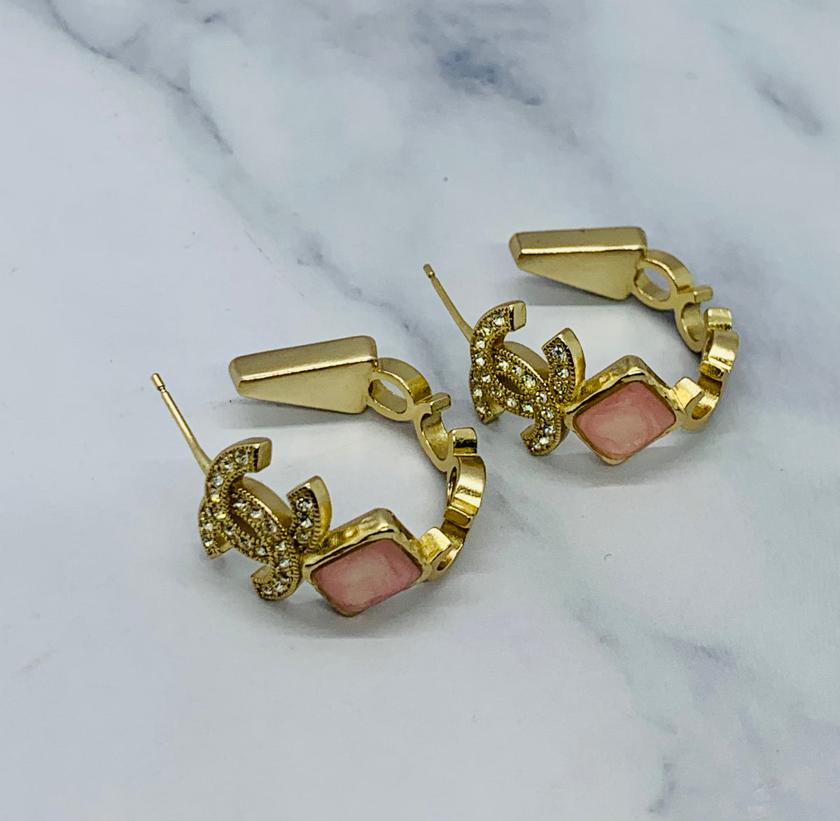CHANEL CC Rhinestone Color Tone Hoop Earrings - Pre owned
