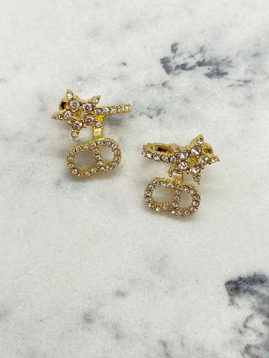 CHRISTIAN DIOR CD Gold Tone Rhinestone Star Earrings - Pre Owned