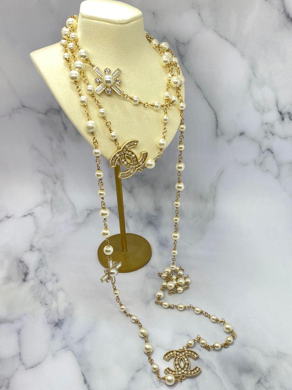 CHANEL CC Gold Tone Long Pearl Rhinestone Necklace - Pre owned