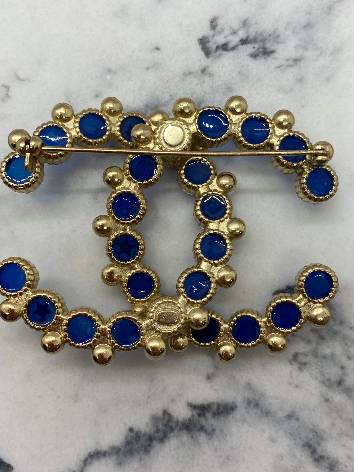 CHANEL CC Blue Pearl Trim Brooch Pin - USED