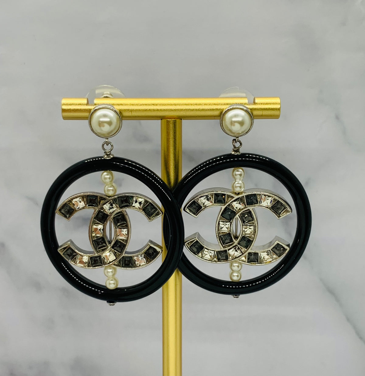 CHANEL CC Rhinestone Spinning Hoop Earrings - USED