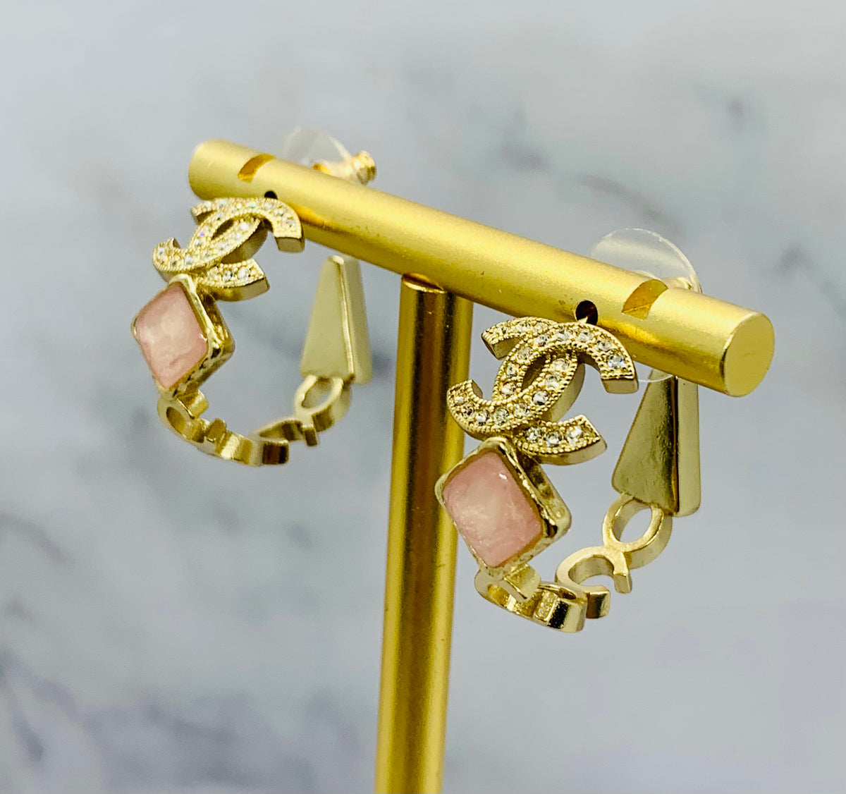 CHANEL CC Rhinestone Color Tone Hoop Earrings - Pre owned