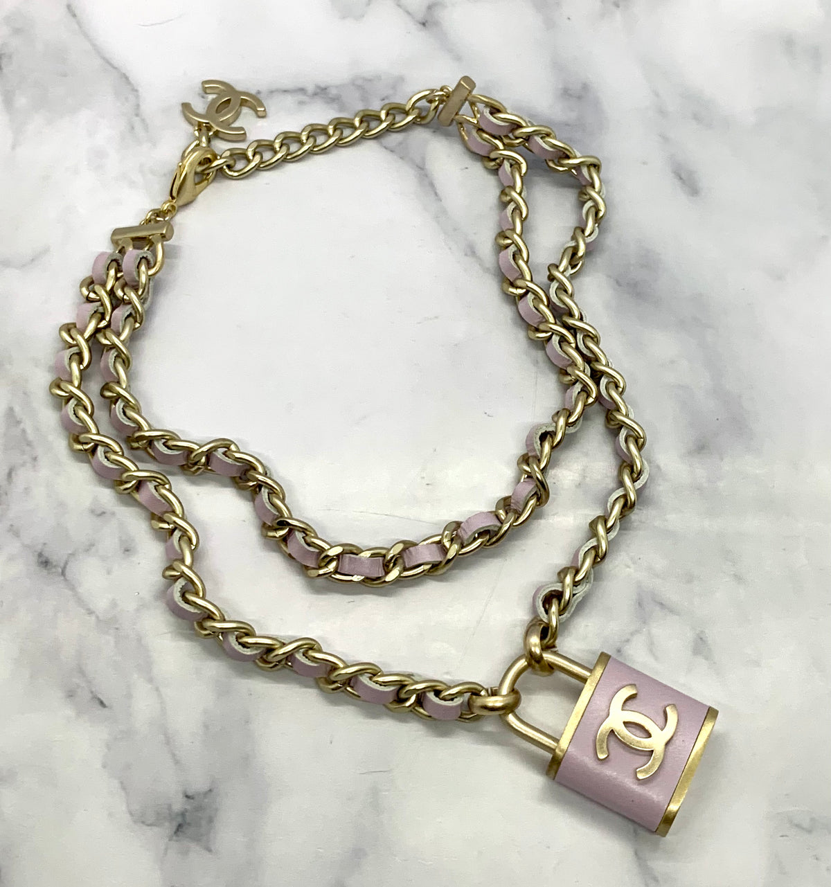 CHANEL CC Lilac Padlock Leather Trim Necklace - Pre owned