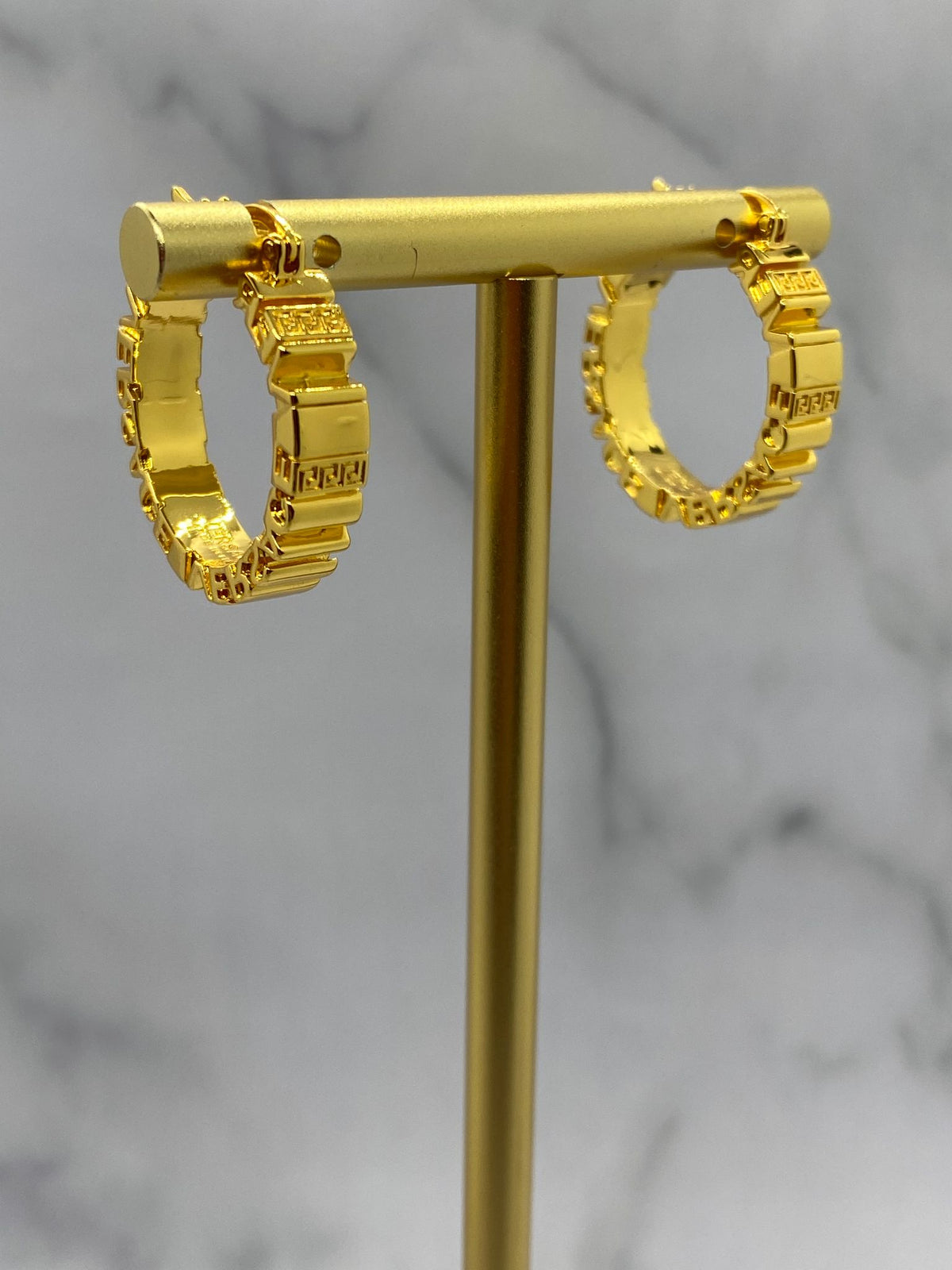 VERSACE Vintage Gold Tone Monogram Hoop Earrings - Pre owned