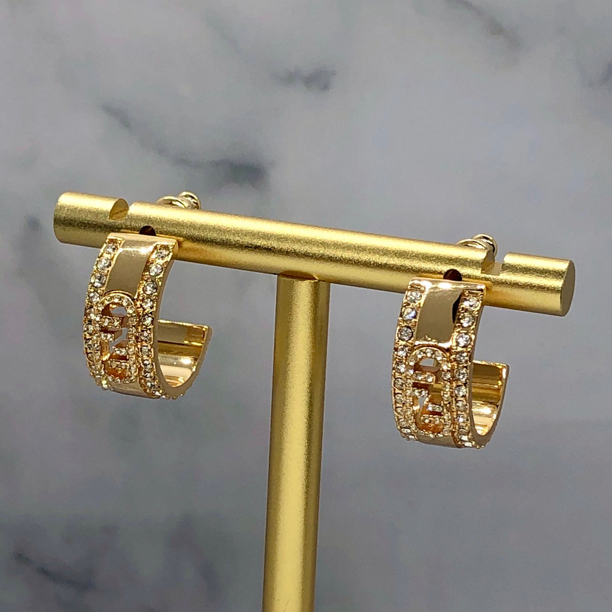FENDI FF Gold Tone Rhinestone Hoop Earrings - Pre owned