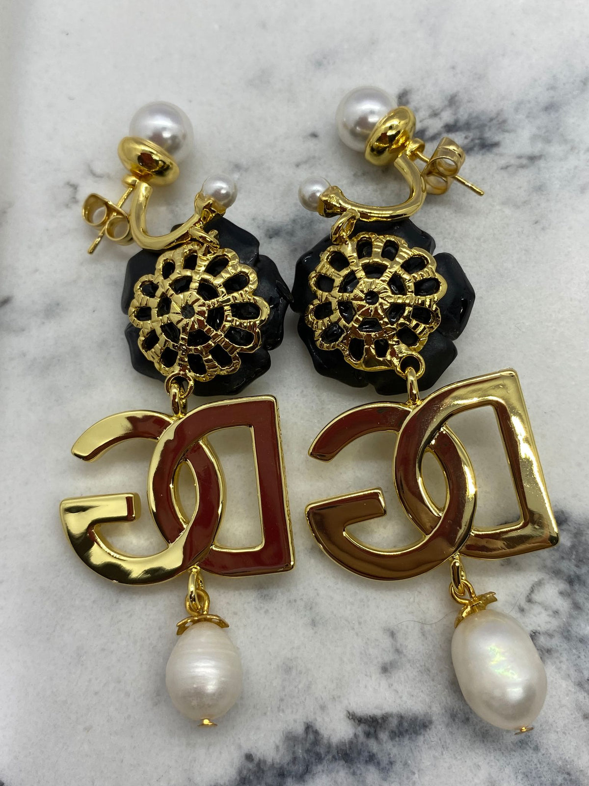 DOLCE & GABBANA D&G Black Rose Pendant Earrings - Pre owned