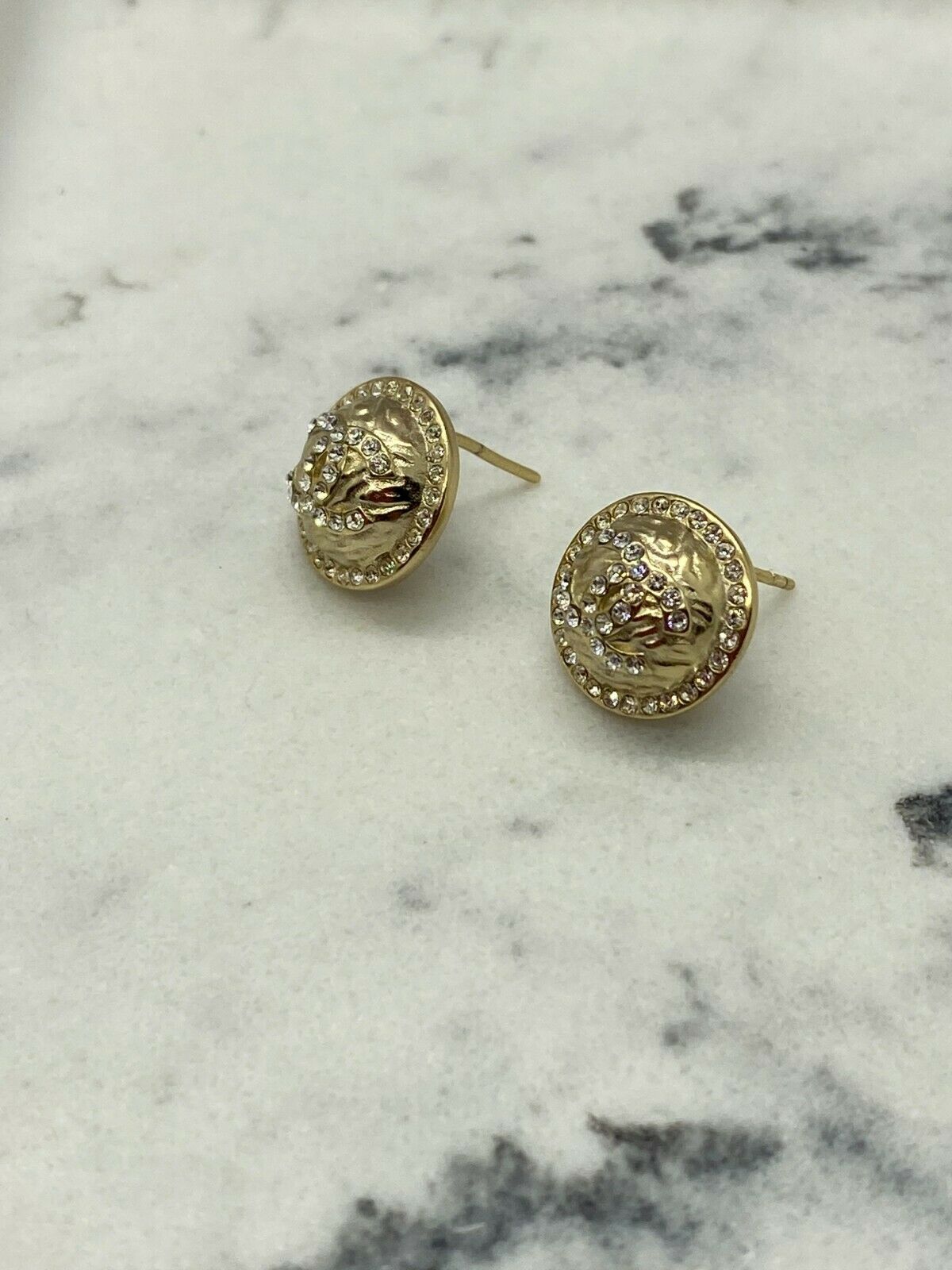 CHANEL CC Gold Tone & Rhinestone Button Earrings - USED