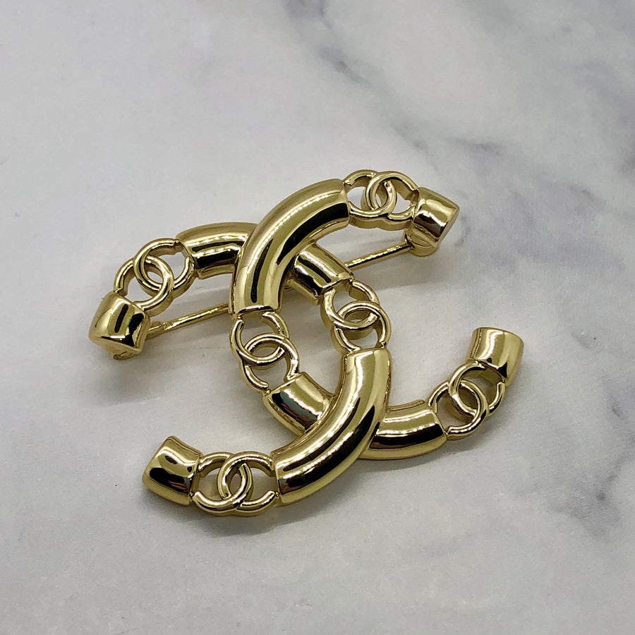Auth CHANEL CC Light Gold Brooch Pin - USED
