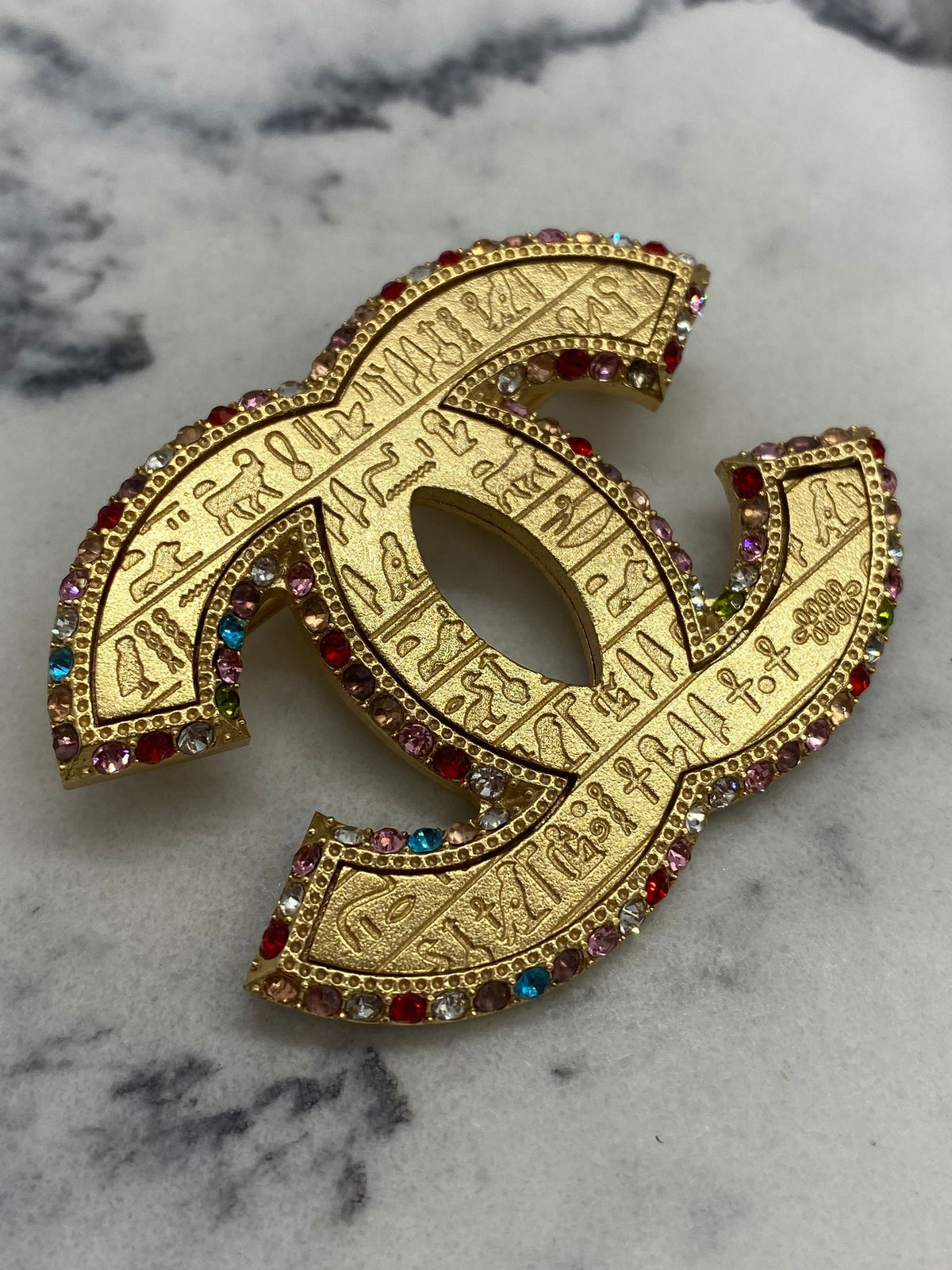 CHANEL CC Gold Tone Rhinestone Egyptian Brooch Pin - USED