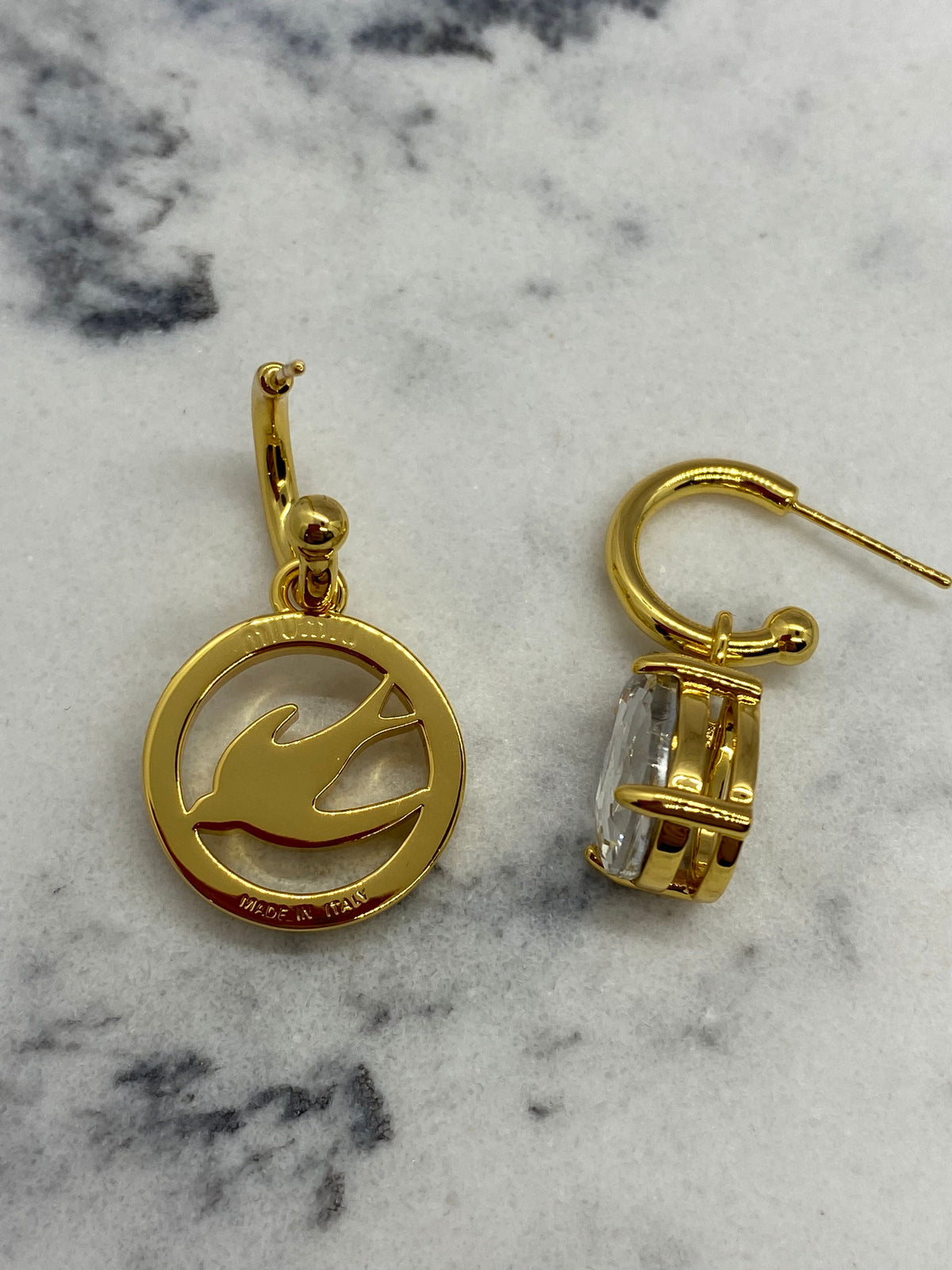 MIU MIU Gold Tone Bird Rhinestone Charm Earrings - Pre owned
