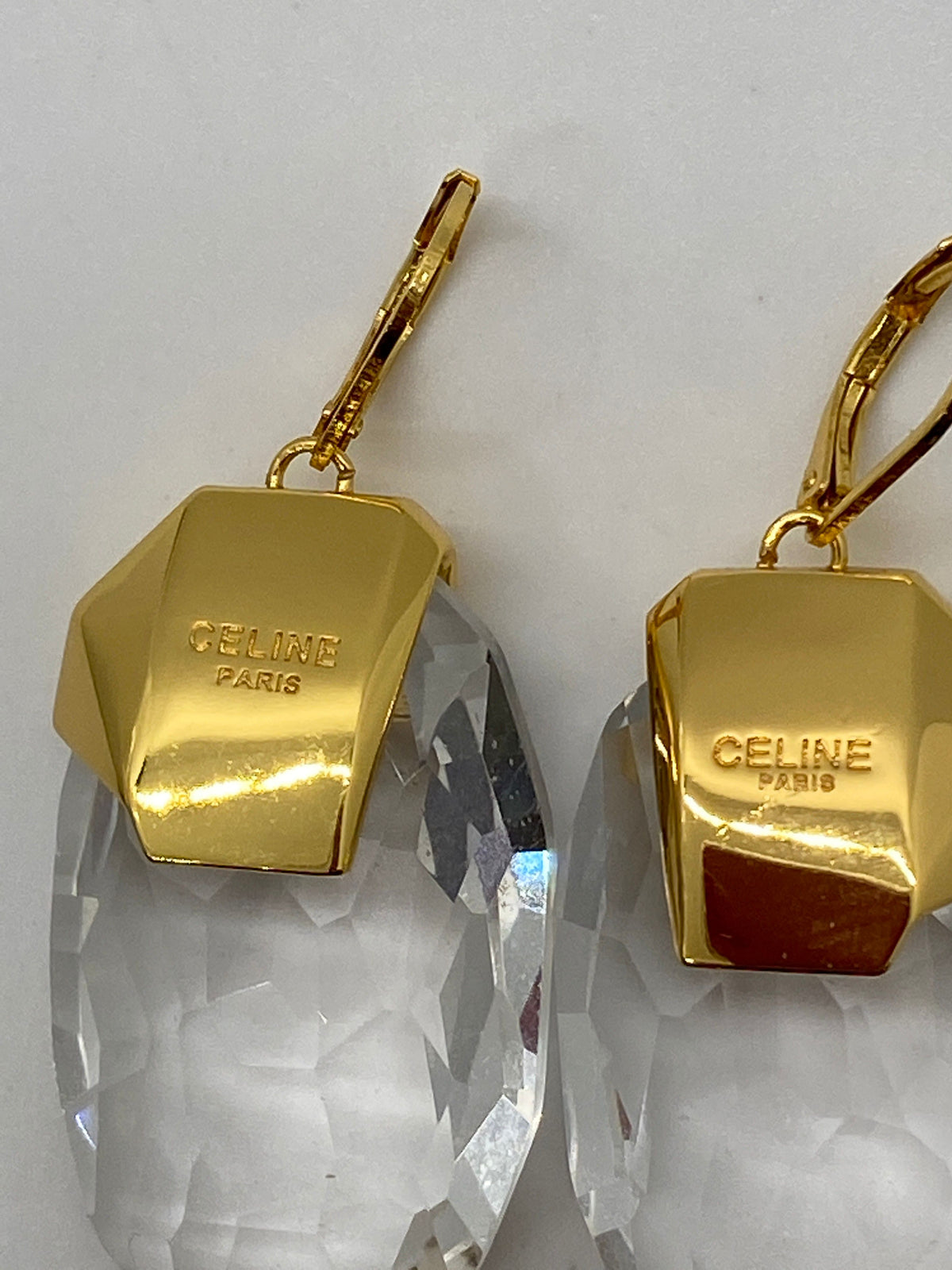 CELINE Gold Tone Crystal Pendant Earrings - Pre owned