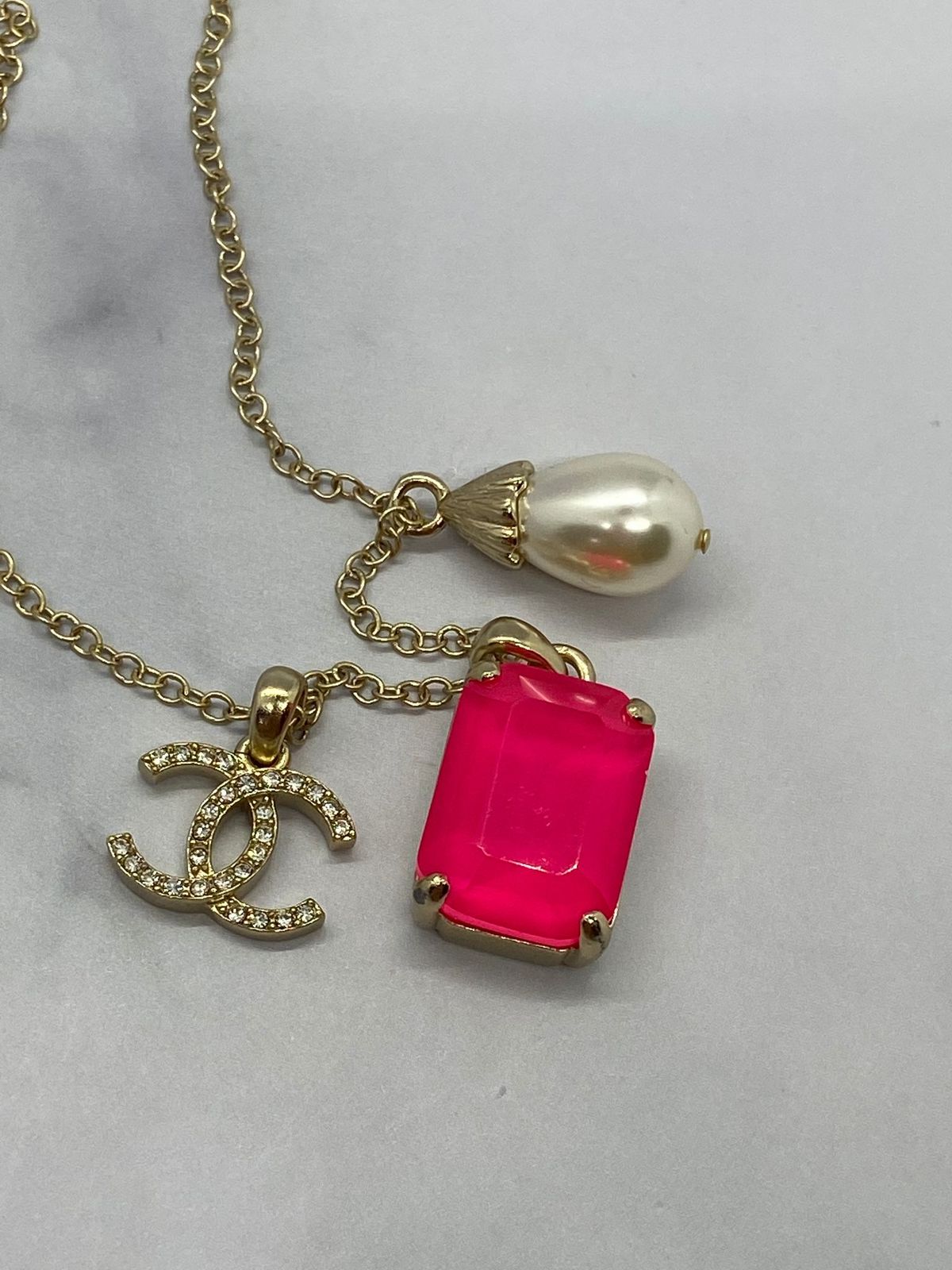 CHANEL CC Pink Rhinestone Charm Necklace - USED