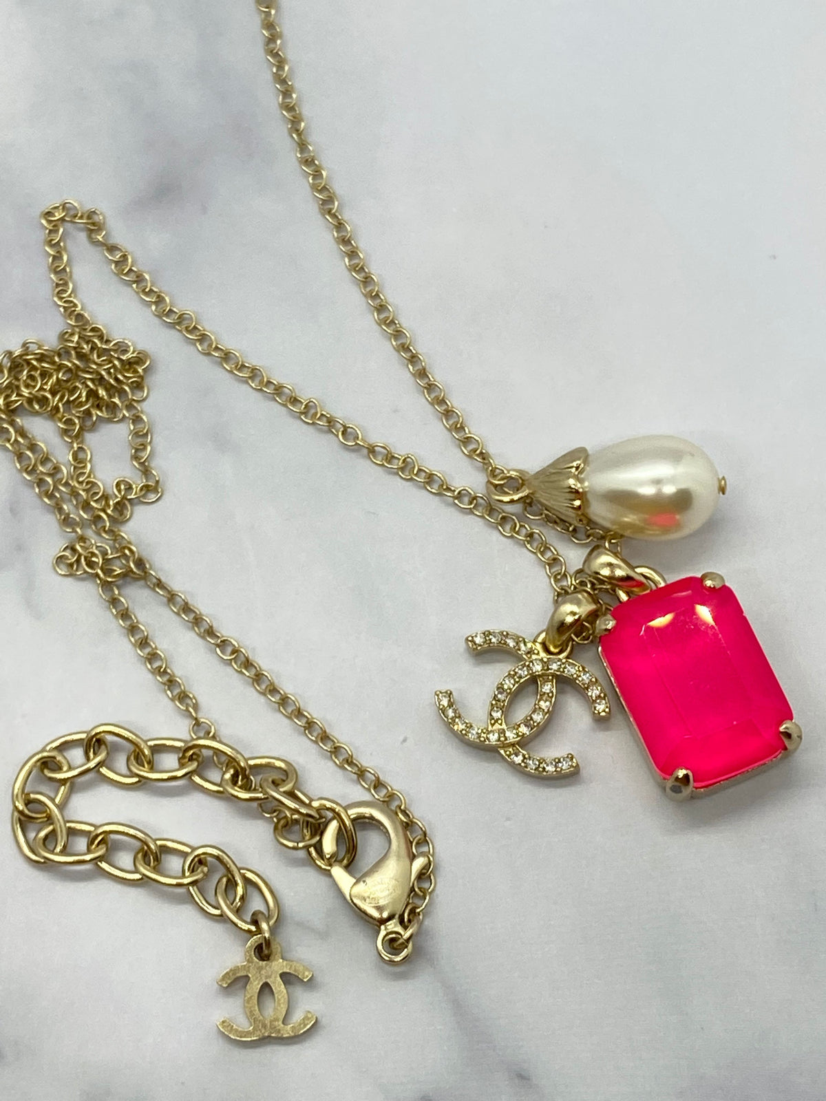 CHANEL CC Pink Rhinestone Charm Necklace - USED