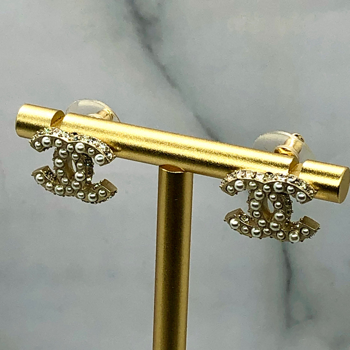 CHANEL CC Gold Tone Pearl Trim Mini Earrings - USED