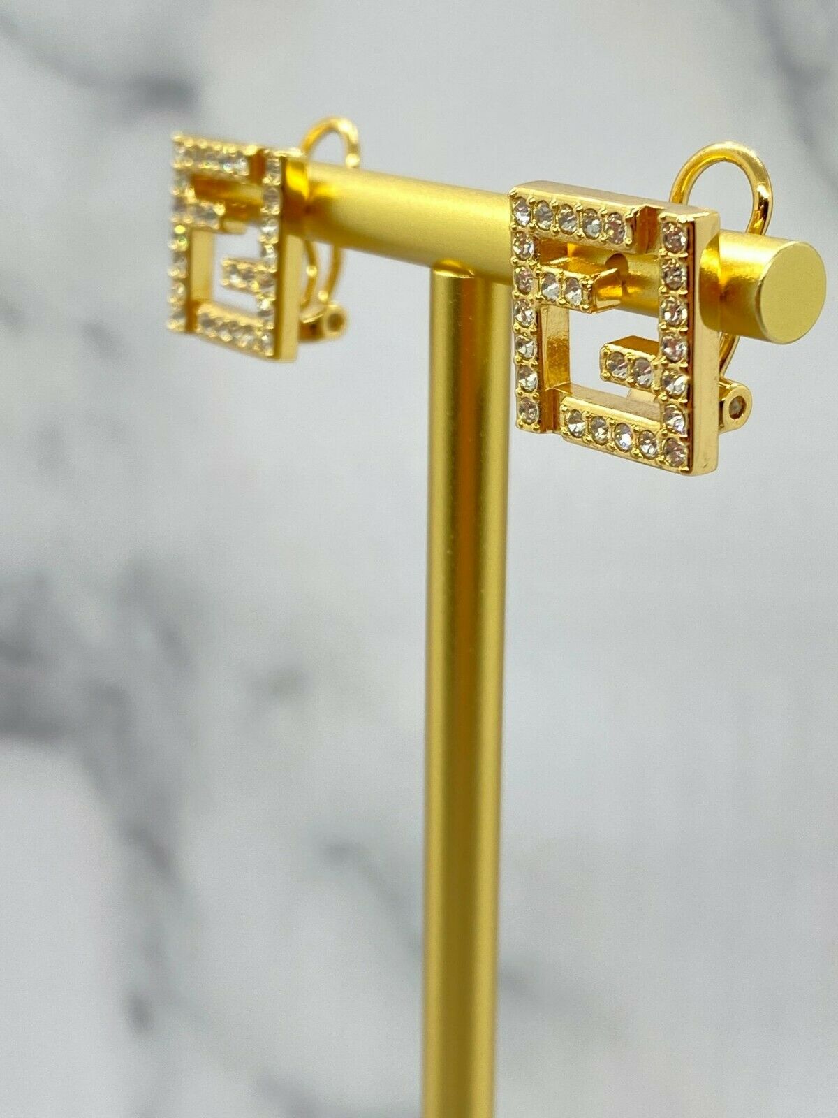FENDI F Gold Tone Rhinestone Earrings - Pre owned