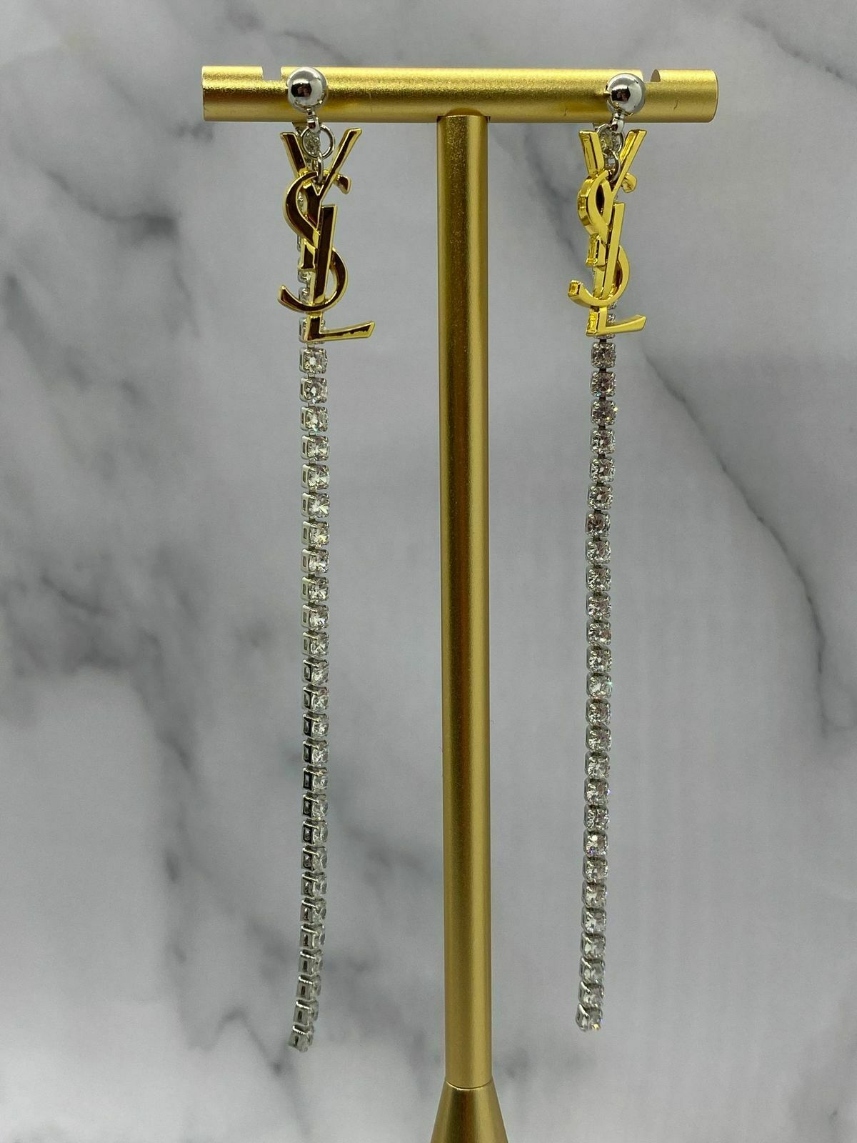 YSL Yves Saint Laurent Gold Tone Rhinestone Pendant Earrings - Pre owned