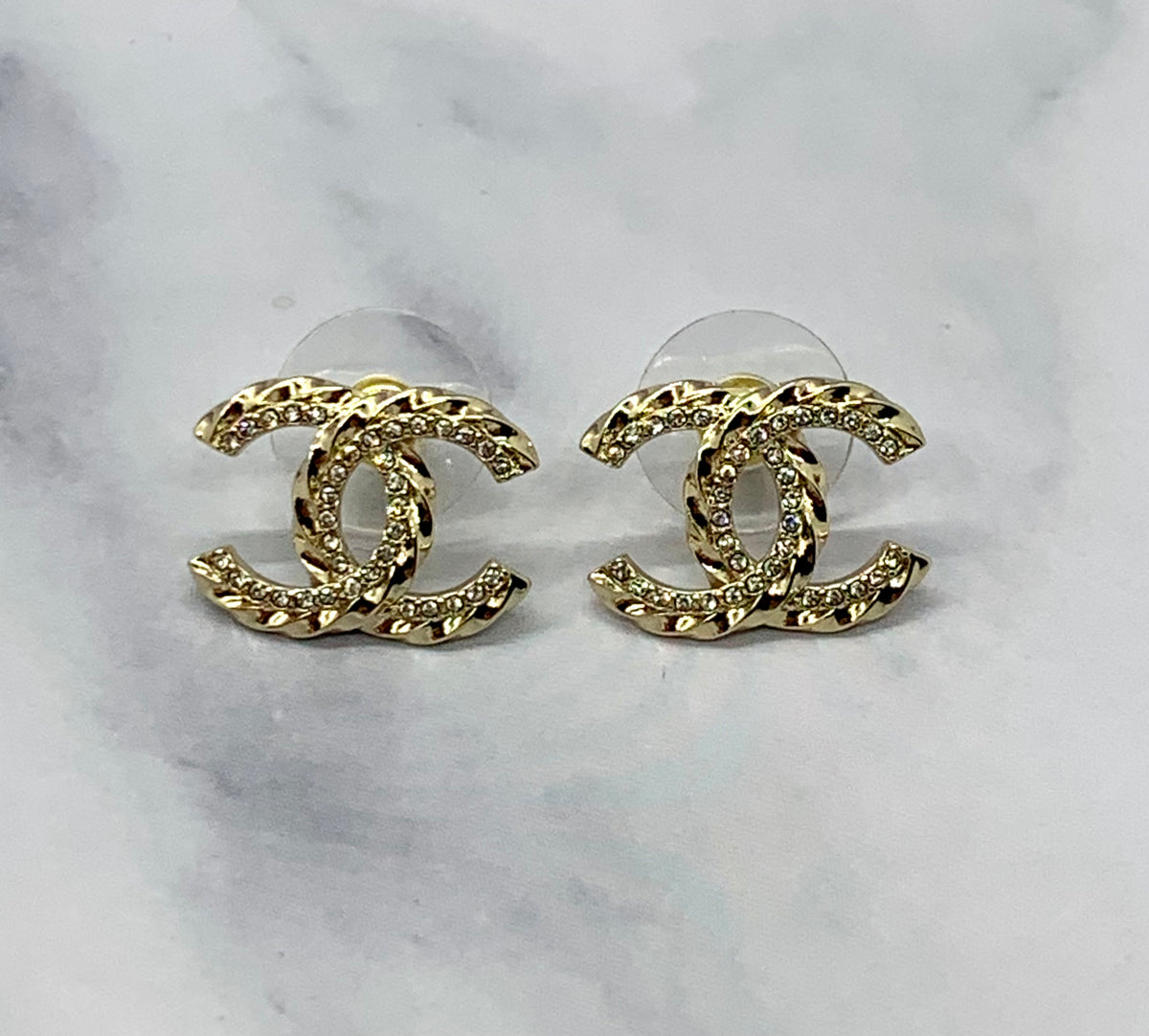 CHANEL CC Gold Tone Rhinestone Earrings - USED