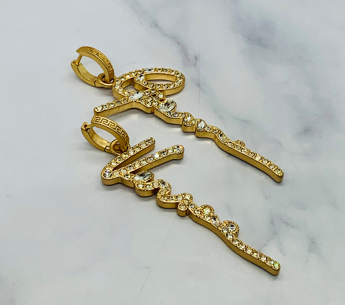 VERSACE Rhinestone Script Pendant Earrings - Pre owned