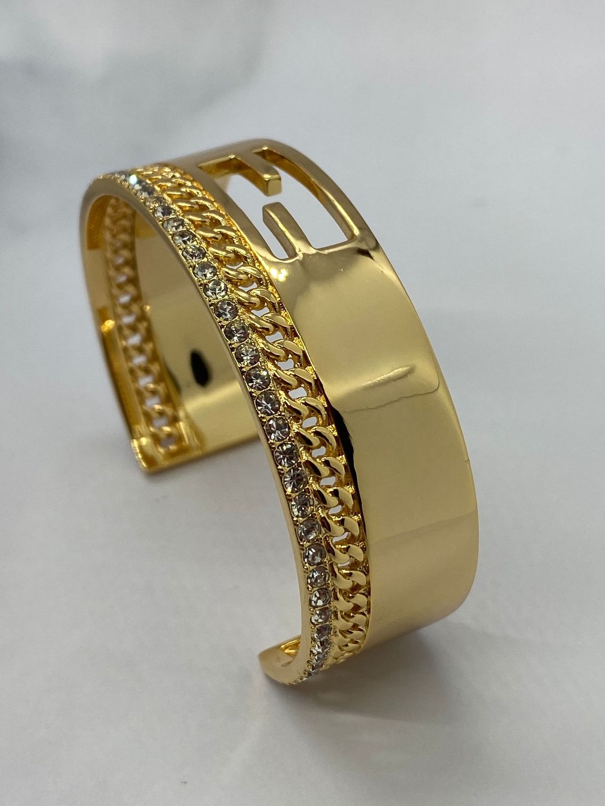 FENDI F Gold Tone Rhinestone Bangle Bracelet - Pre owned