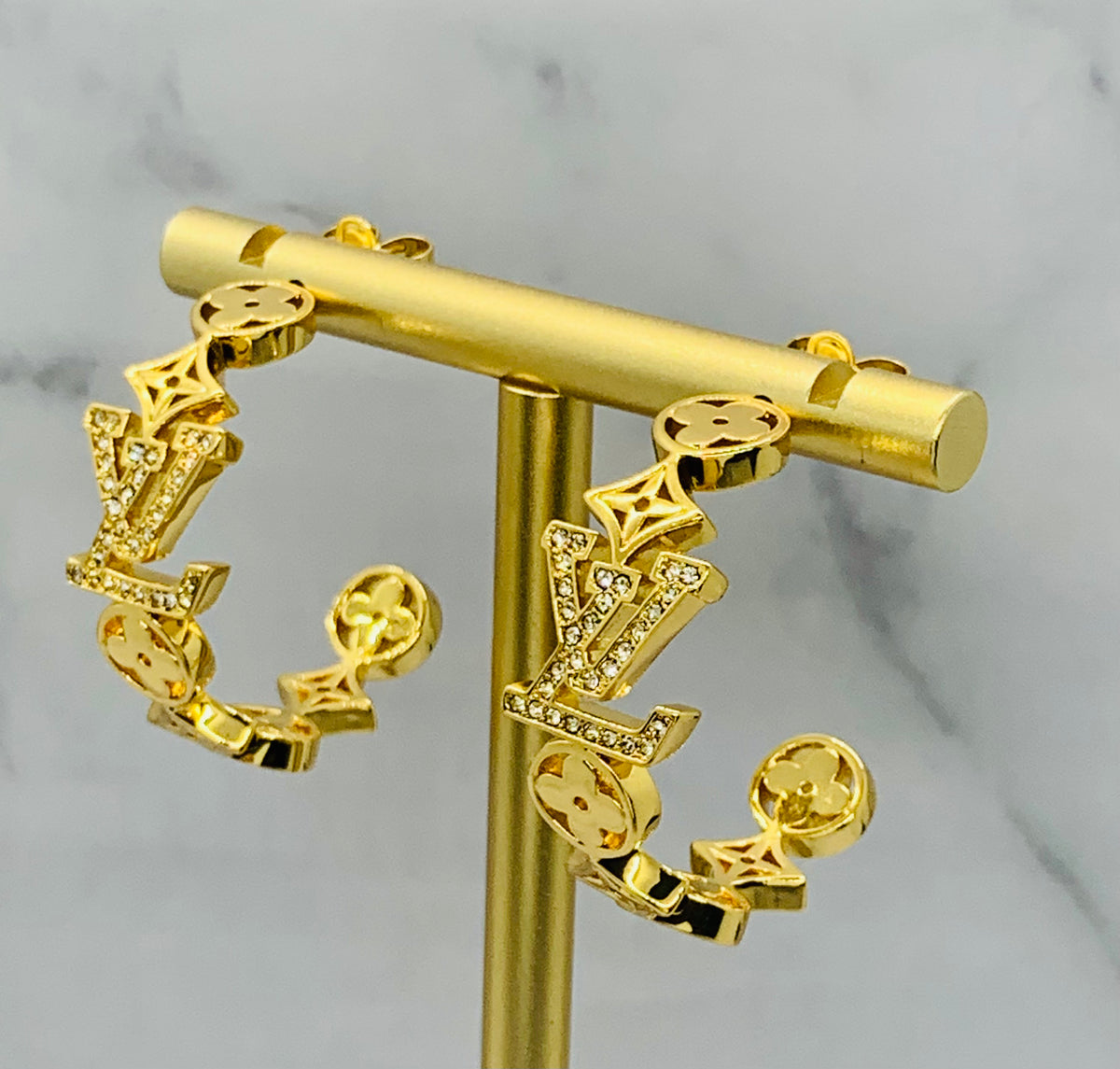 LOUIS VUITTON LV Monogram Rhinestone Hoop Earrings - USED
