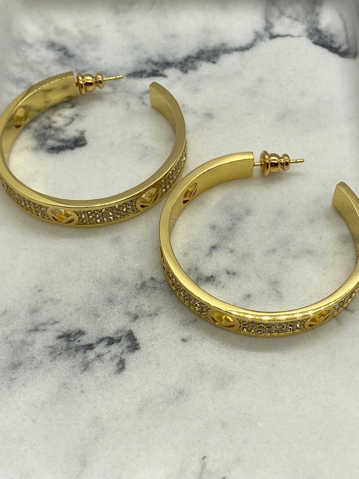FENDI F Gold Tone Rhinestone Hoop Earrings - Pre owned