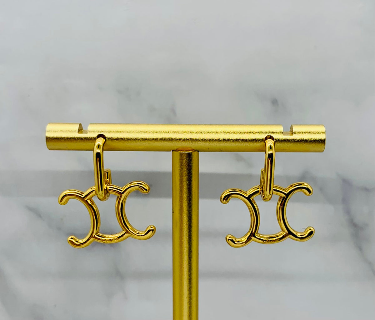 CELINE Monogram Gold Tone Earrings - Pre owned