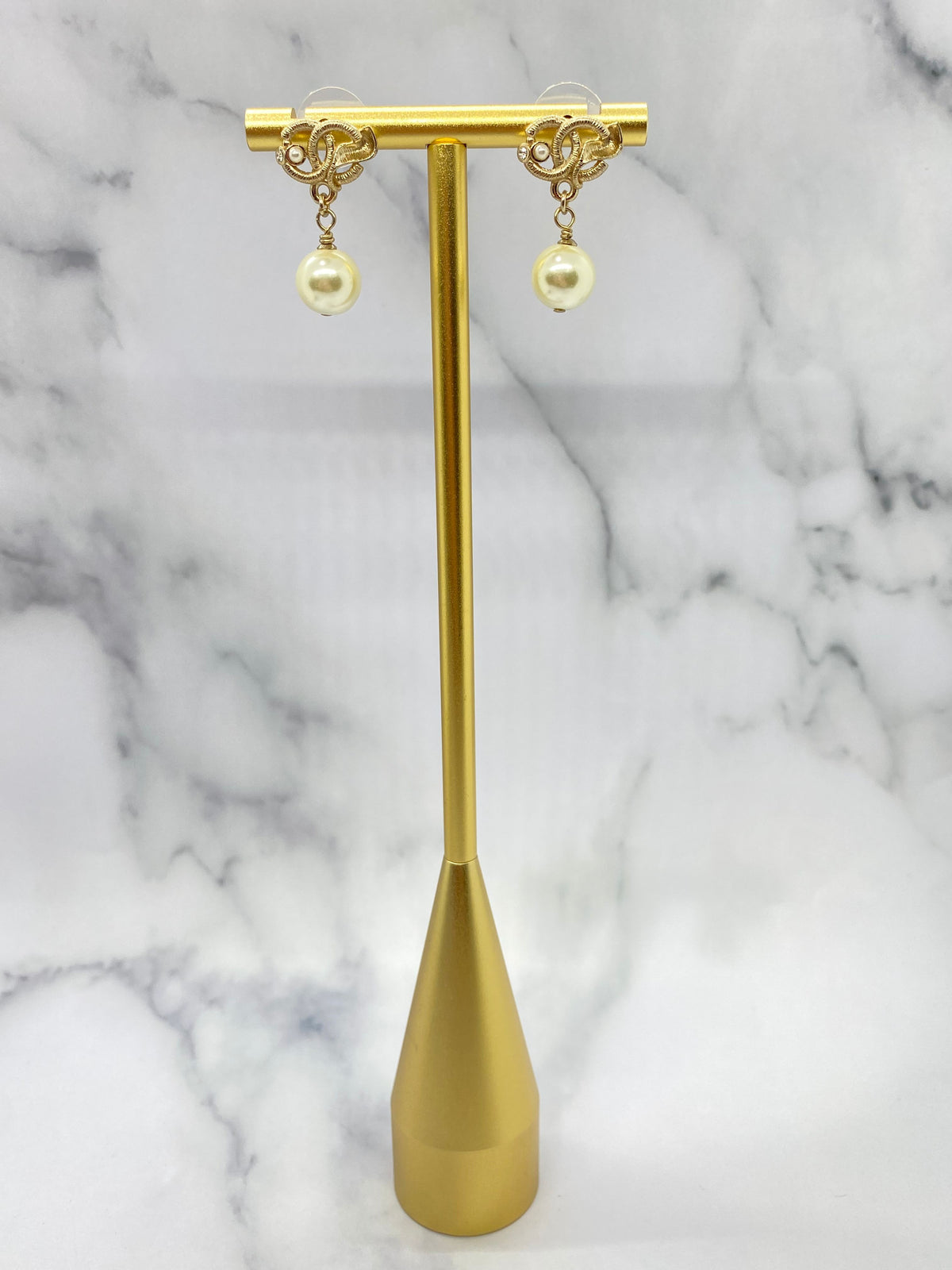 CHANEL CC Gold Tone Pearl Pendant Earrings - Pre owned
