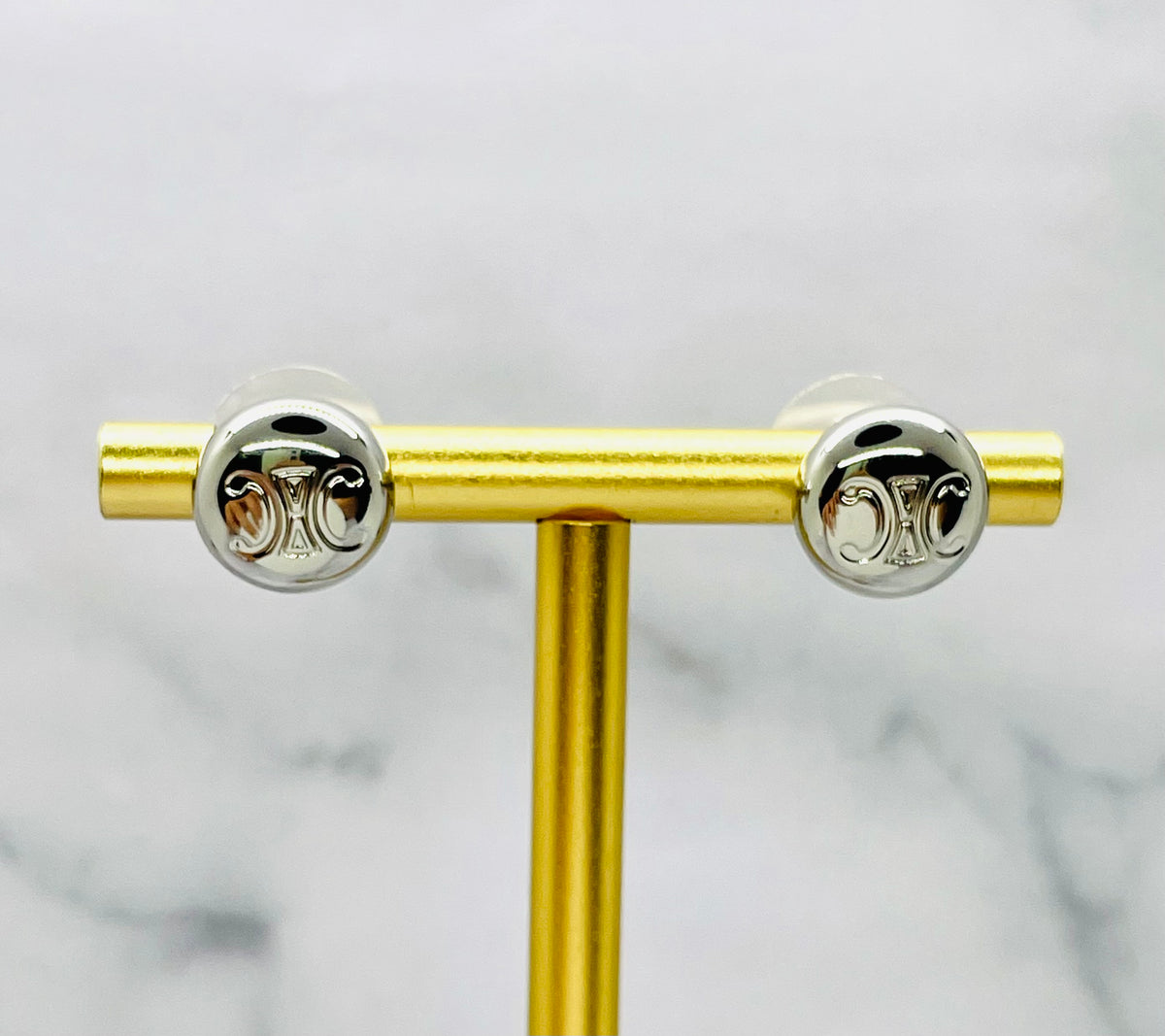 CELINE Monogram Silver Button Earrings - Pre owned