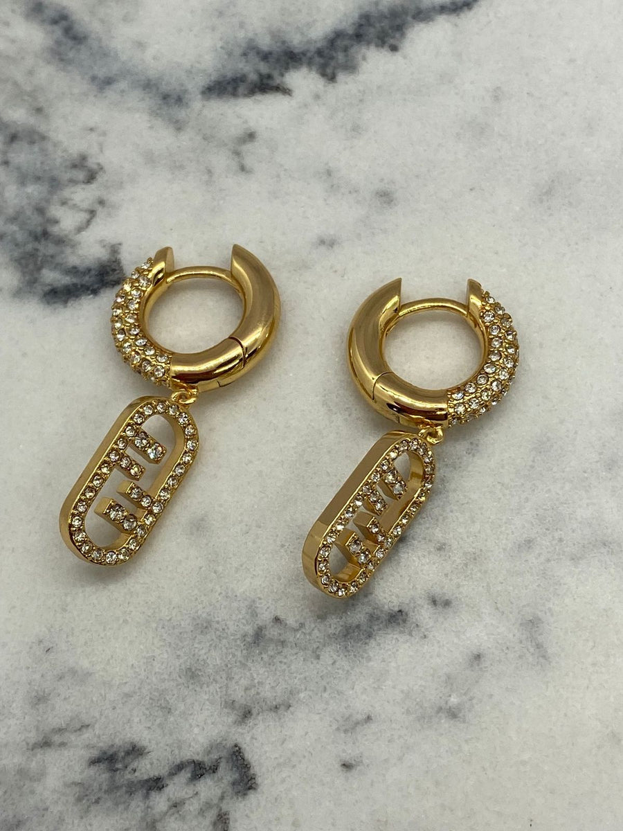 FENDI F Gold Tone Rhinestone Pendant Earrings - Pre owned