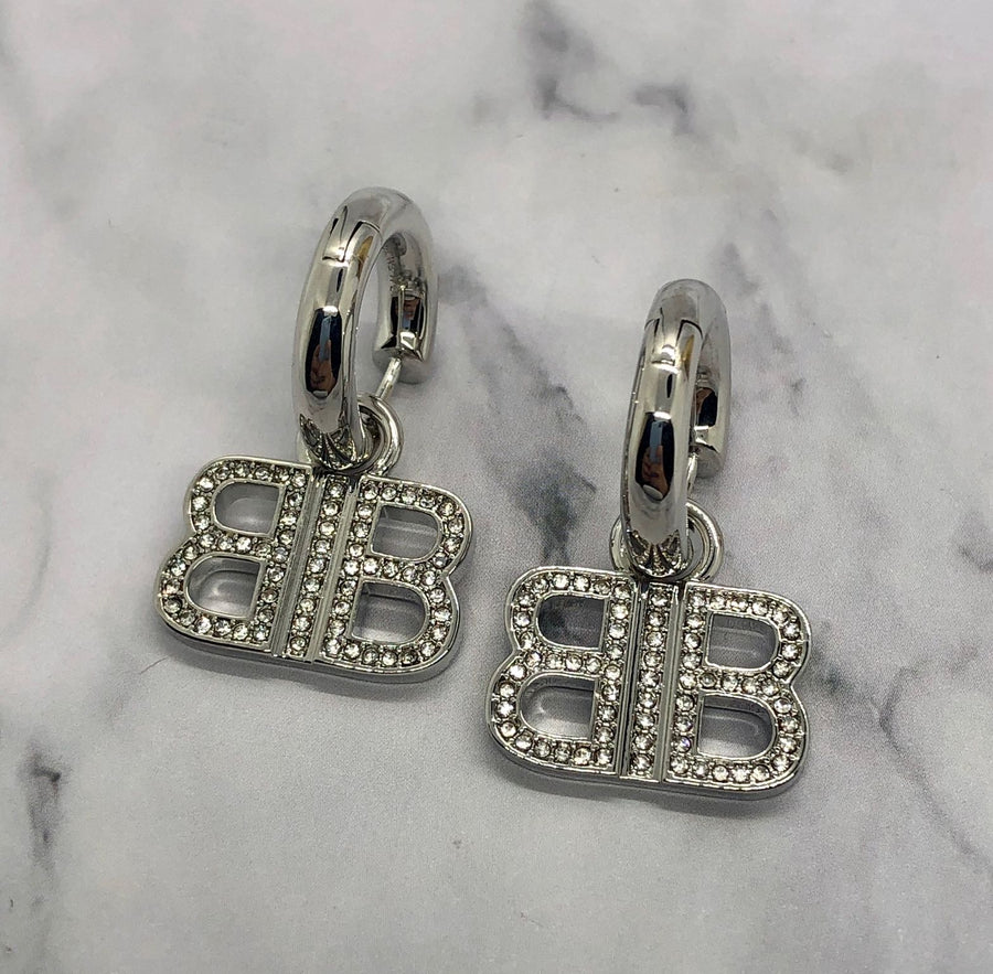 BALENCIAGA BB Silver Tone Rhinestone Earrings - Pre owned