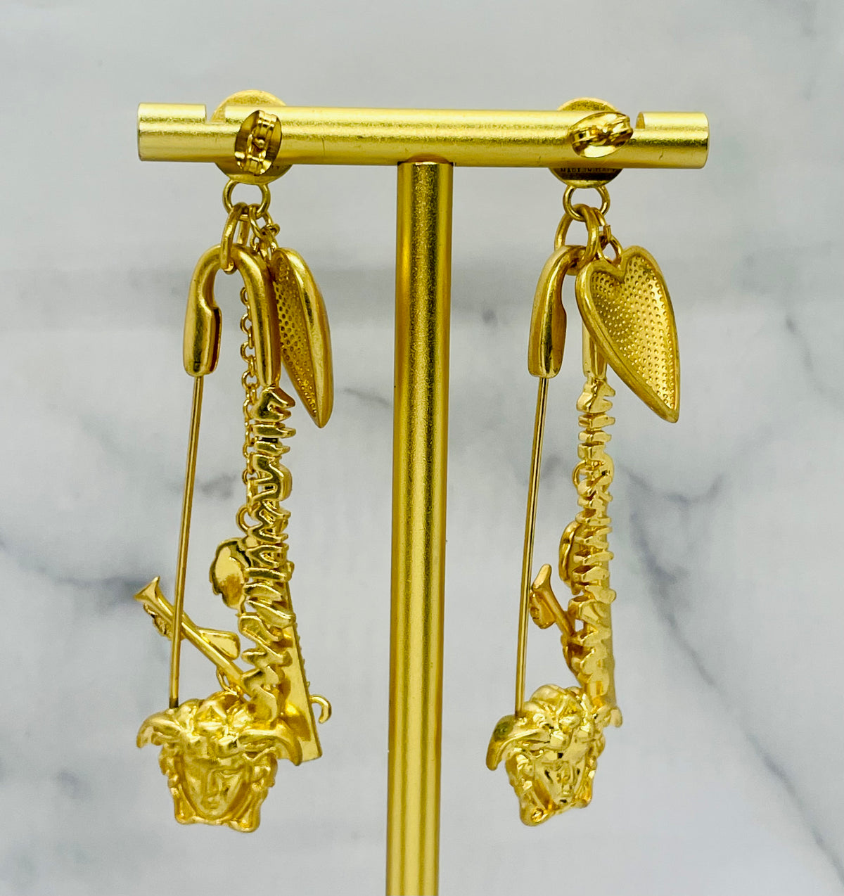VERSACE Medusa Gold Tone Safety Pin Heart Pendant Earrings - Pre owned