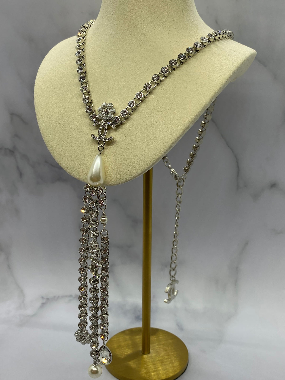 CHANEL CC Gold Tone Rhinestone Fringe Necklace - USED